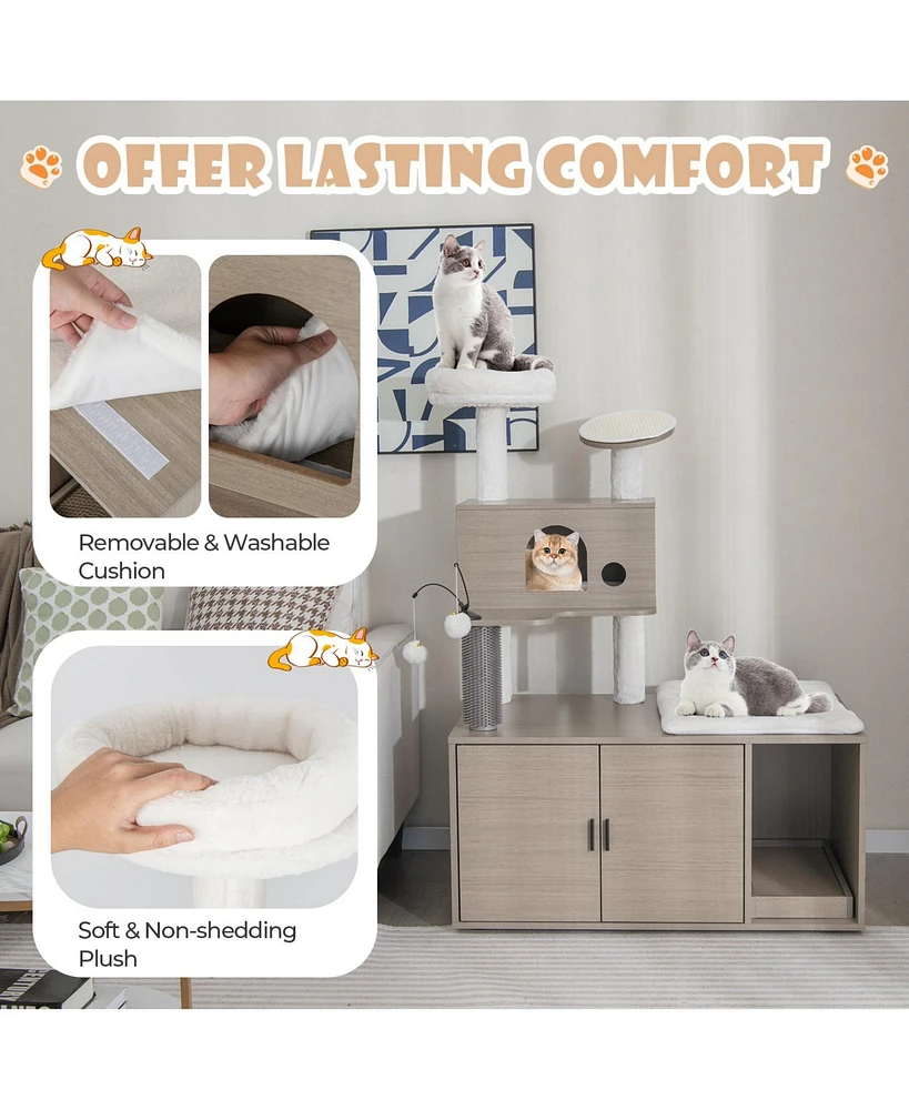 Sugift 2-in-1 Modern Cat Tower with Litter Box Enclosure for Indoor Cars-Gray
