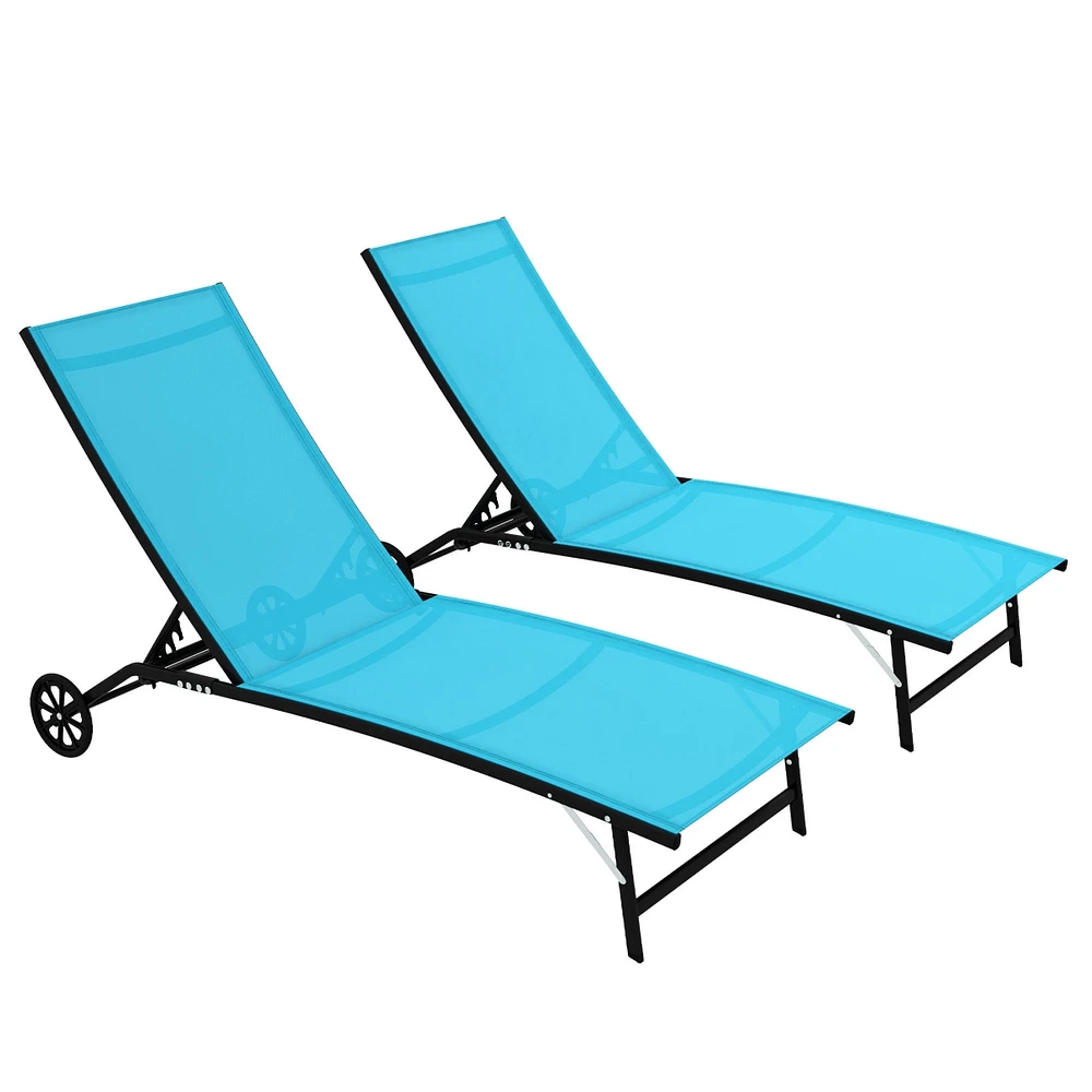 Adjustable Outdoor Chaise Lounge with Wheels (Blue)