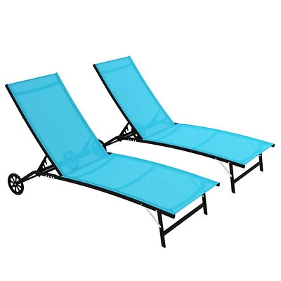 Adjustable Outdoor Chaise Lounge with Wheels (Blue)