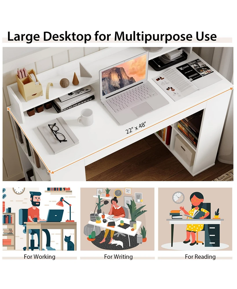 Skonyon Computer Desk with Dual 3-Tier Bookshelf and Monitor Shelf-White