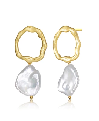 Genevive Sterling Silver Gold Plated with Genuine Freshwater Pearl Drop Round Earrings