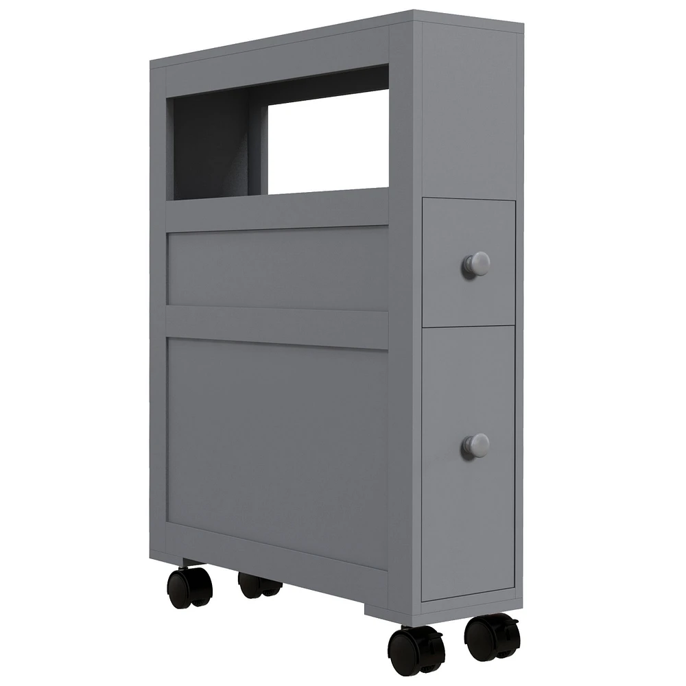 6.25" x 20.5" x 28.25" Wood Rolling Narrow Bathroom Side Storage Cabinet - Gray