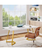 Tribesigns Modern Gold Computer Desk: 55 Inches White and Gold Home Office Desk with Metal Legs, Faux Marble Study Writing Table for Small Spaces, Sim