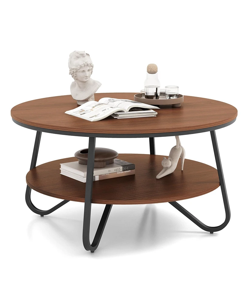 2-Tier Round Coffee Table with Wood Grain Finish & Heavy-duty Metal Frame