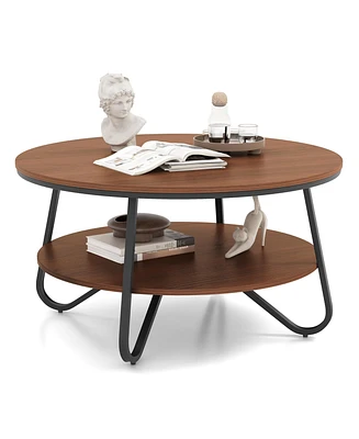2-Tier Round Coffee Table with Wood Grain Finish & Heavy-duty Metal Frame