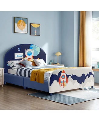 Kids Upholstered Platform Bed Children Twin Size Wooden Bed Astronaut Pattern