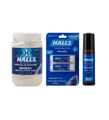 Sparoom Halls Mentho-Lyptus Wellness Bundle - Mentho-Lyptus Bath Salts, Inhalers, and Roll-On