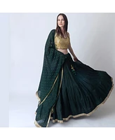 Raas Women's Green and Gold Lehenga Choli Set with Mirror Work Blouse Embellished Dupatta