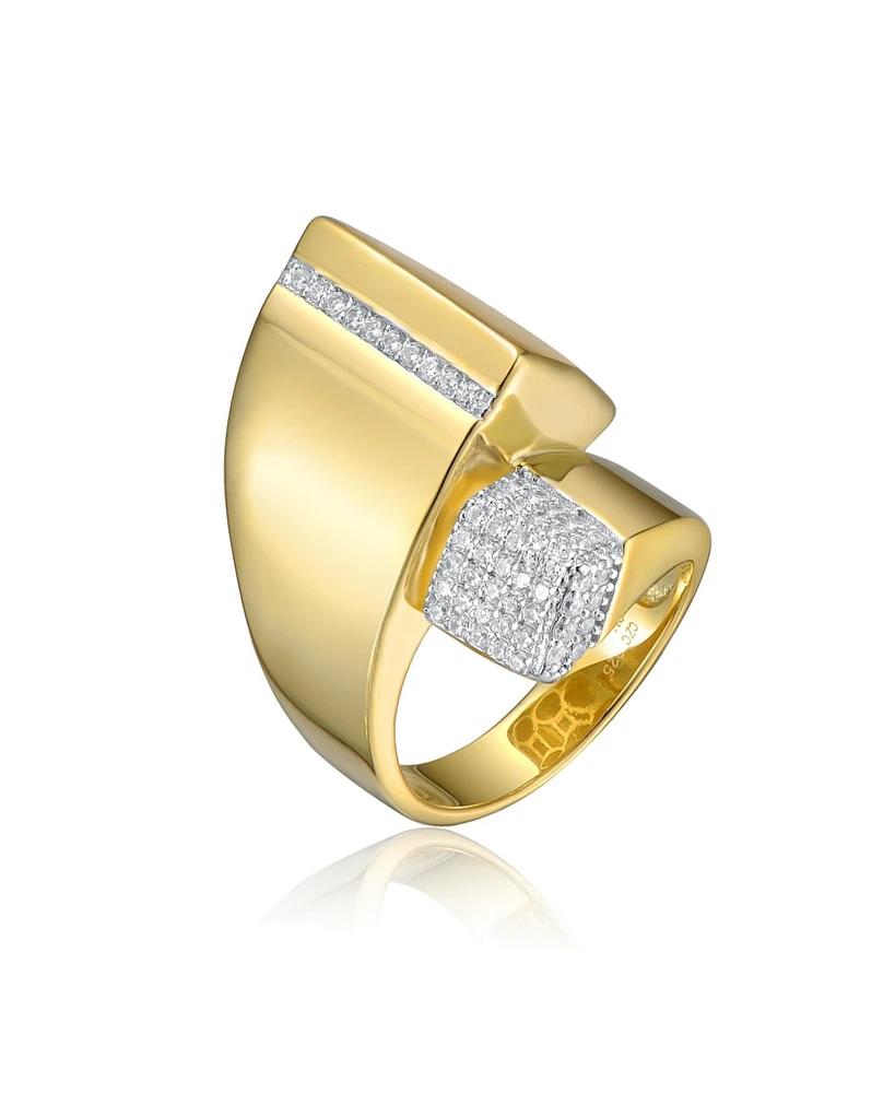 Sterling Silver 14k Gold Plated Cubic Zirconia Modern Open Cuff Scroll Ring