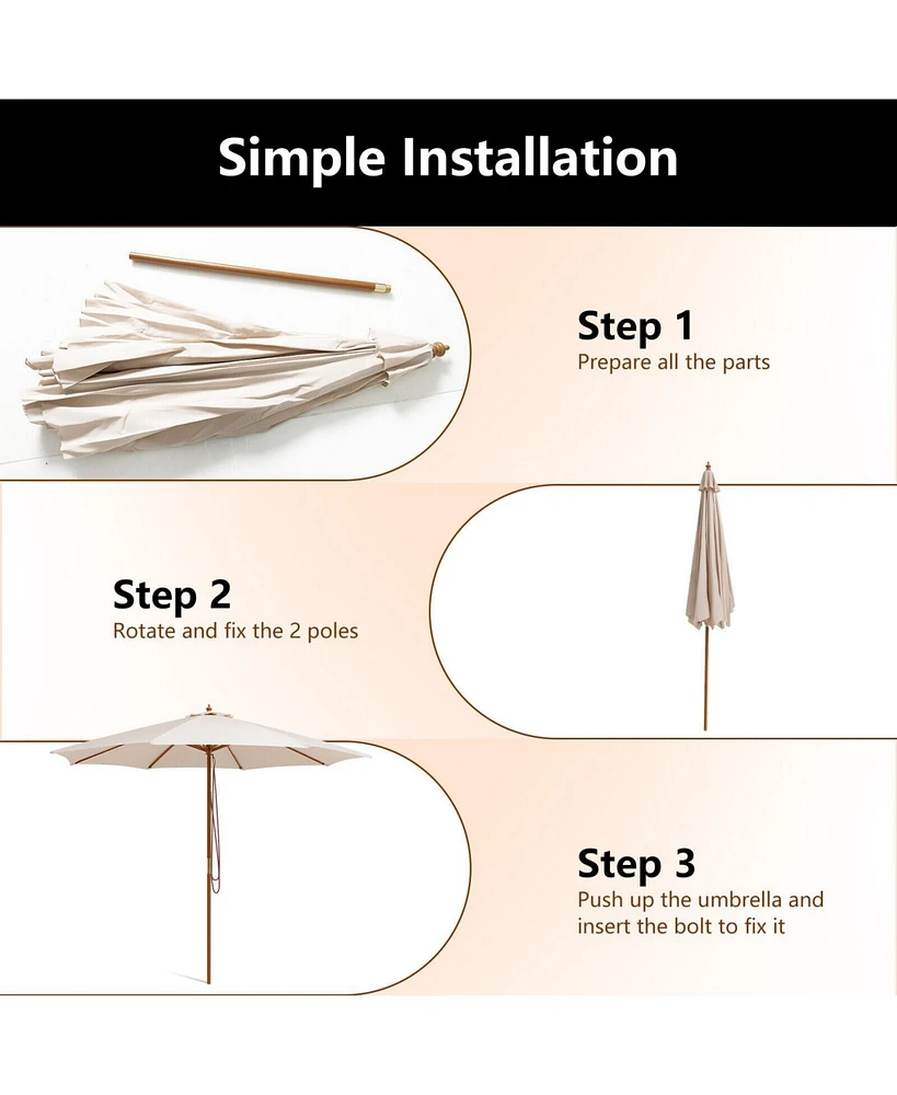 Sugift 10 Feet Patio Umbrella with 8 Wooden Ribs and 3 Adjustable Heights-Beige