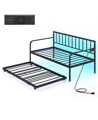 Twin Daybed Adjustable Sofa Bed Frame with Charging Station & Led Lights