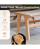 1 Pcs Ottoman Footstool Natural Teak Wooden Foot Rest with Handwoven Rattan Indoor