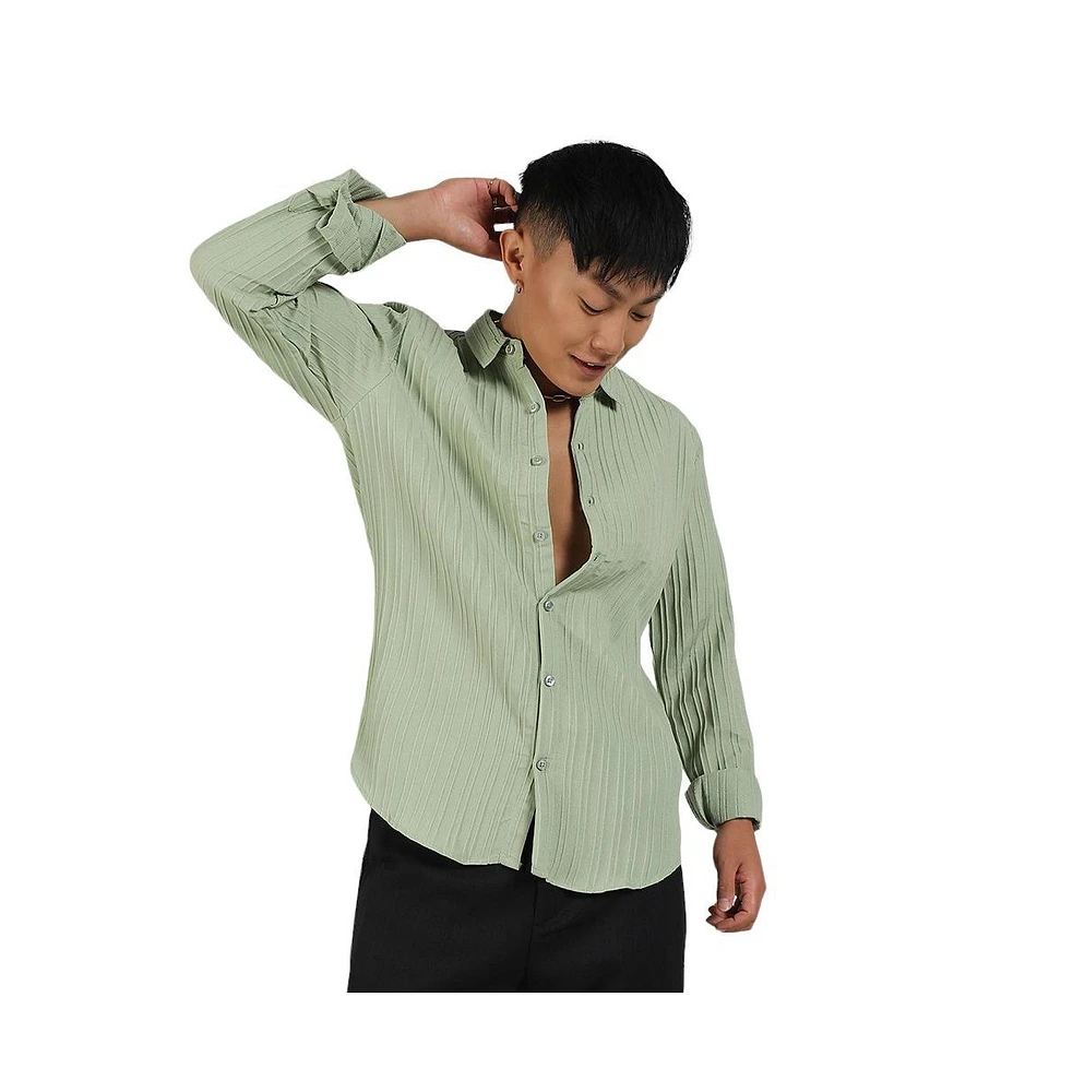 Men's Pistachio Green Self-Design Striped Shirt