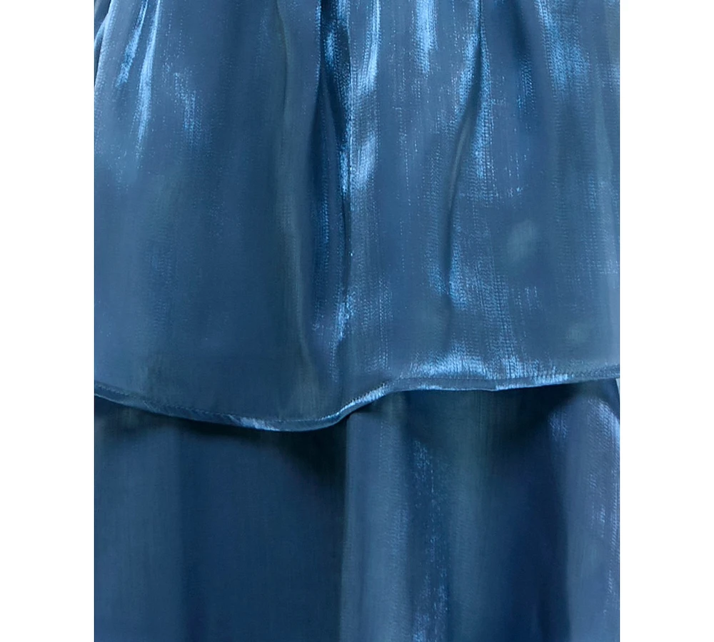 Crystal Doll Juniors' Ruffled Shimmer Puff-Sleeve Dress