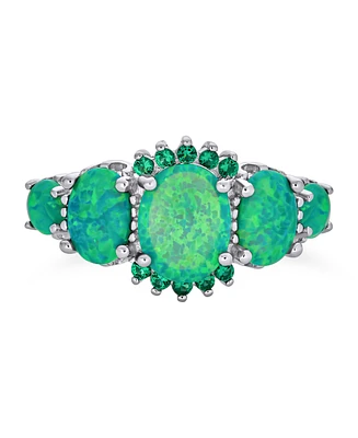 Bling Jewelry 5 Stone Oval Green Synthetic Opal Half Eternity Band Ring .925 Sterling Silver Thin 1MM