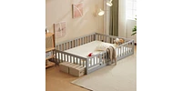Slickblue Grey Painted Pine Full Fence Bed with Door and Board for Kids