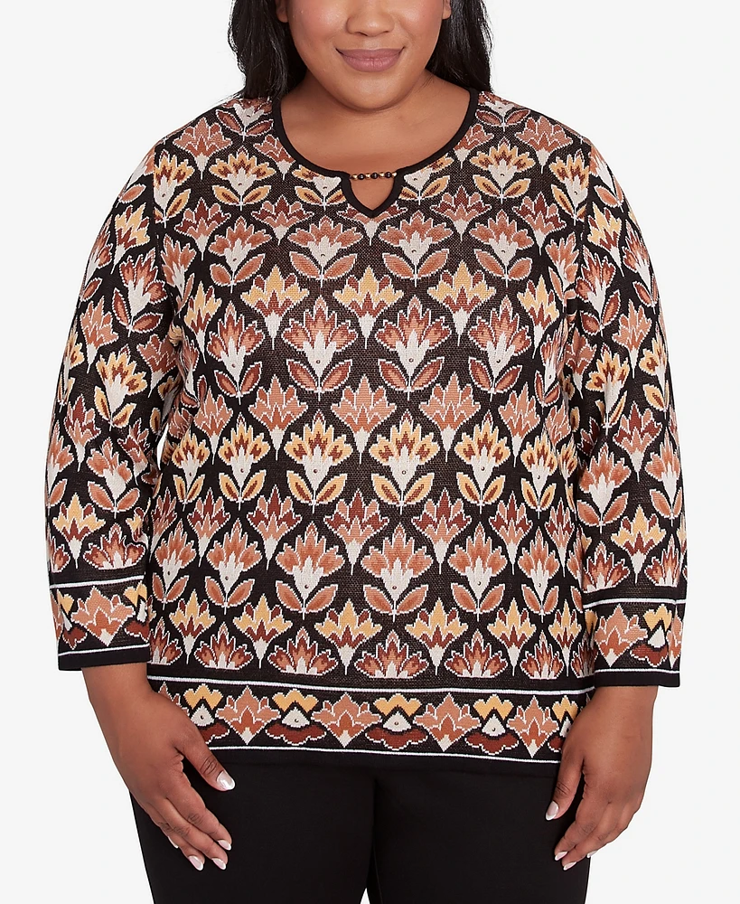 Alfred Dunner Plus Size Rue Rivoli Medallion Beaded Split Neck Sweater