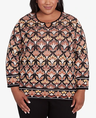 Alfred Dunner Plus Size Rue Rivoli Medallion Beaded Split Neck Sweater