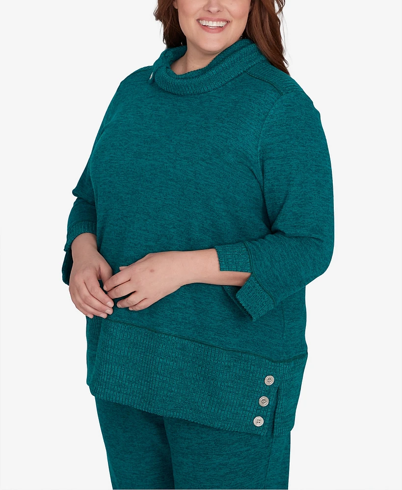 Alfred Dunner Plus Size French Quarter Spliced Ribbed Cowl Neck Solid Top