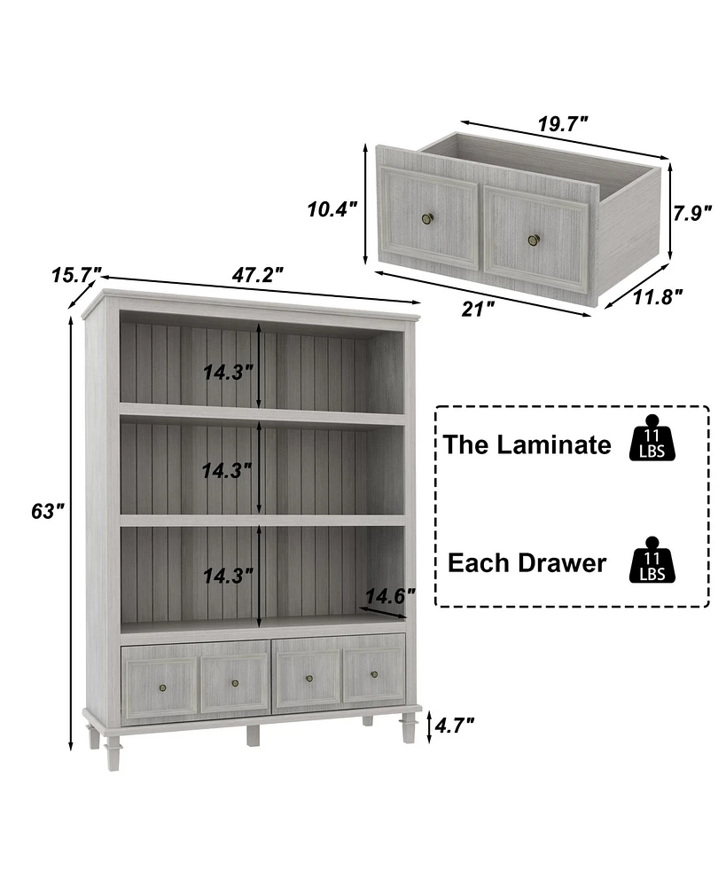 Famapy 3-Tier Open Shelves, Bookcase Accent Storage Cabinet with 2 Drawers