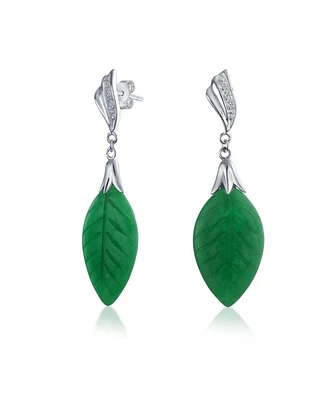 Bling Jewelry Native American Inspired Carved Leaf Green Dangle Drop Earrings Western Jewelry .925 Sterling Silver