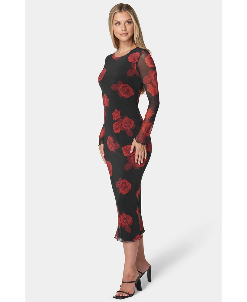 Bebe Women's Long Sleeve Printed Powermesh Maxi