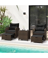 5 Piece Patio Rattan Furniture with 2 Ottomans & Tempered Glass Coffee Table