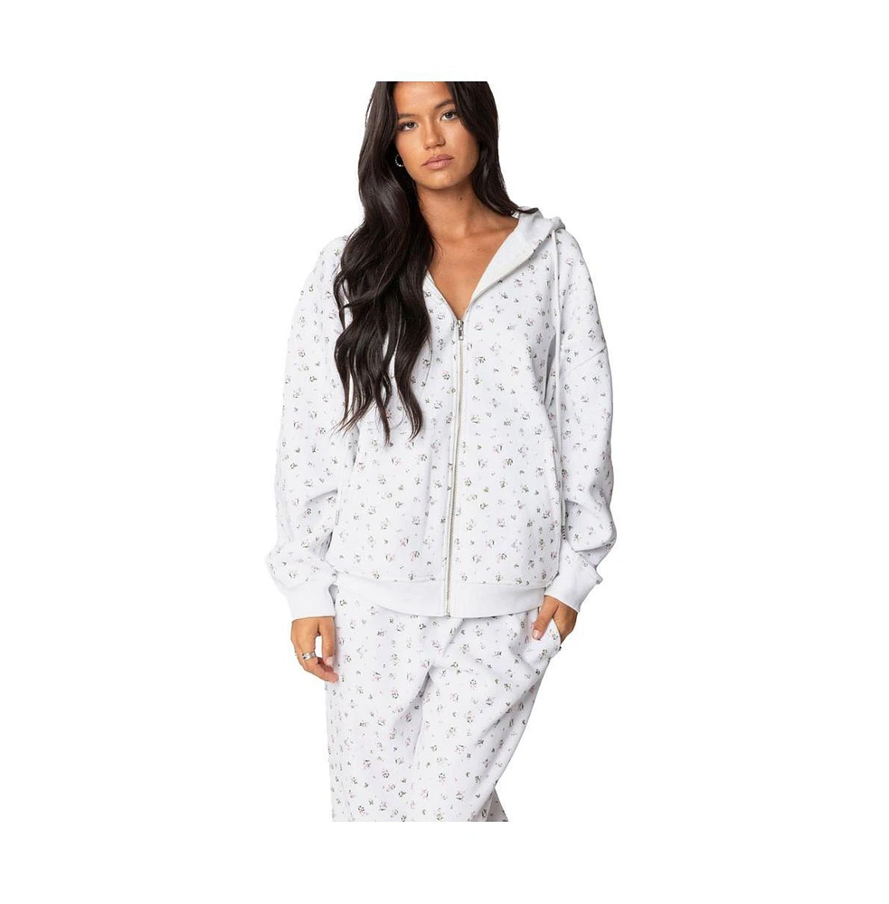 Edikted Womens Bouquet Oversized Zip Up Hoodie