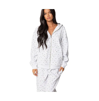Edikted Womens Bouquet Oversized Zip Up Hoodie
