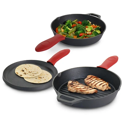 MegaChef Pre-Seasoned Cast Iron 3 Piece Set with Red Silicone Holders