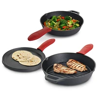 MegaChef Pre-Seasoned Cast Iron 3 Piece Set with Red Silicone Holders
