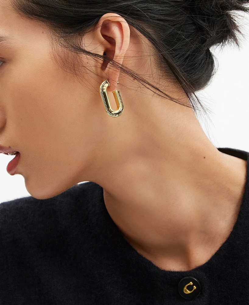 Coach Gold-Tone Stitched Oval Hoop Earrings