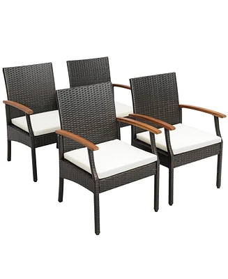 4PCS Patio Pe Wicker Chairs Acacia Wood Armrests with Soft Zippered Cushion Balcony