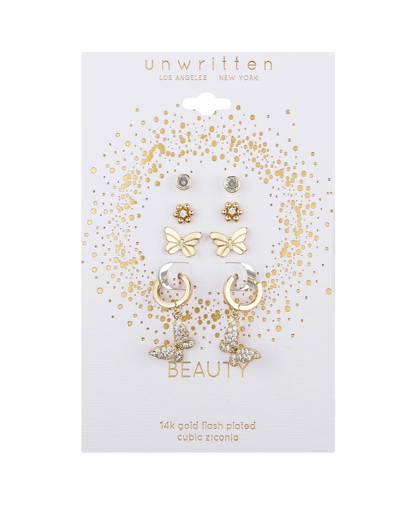 Unwritten Cubic Zirconia Flower Butterfly Hoop Stud Earring Set