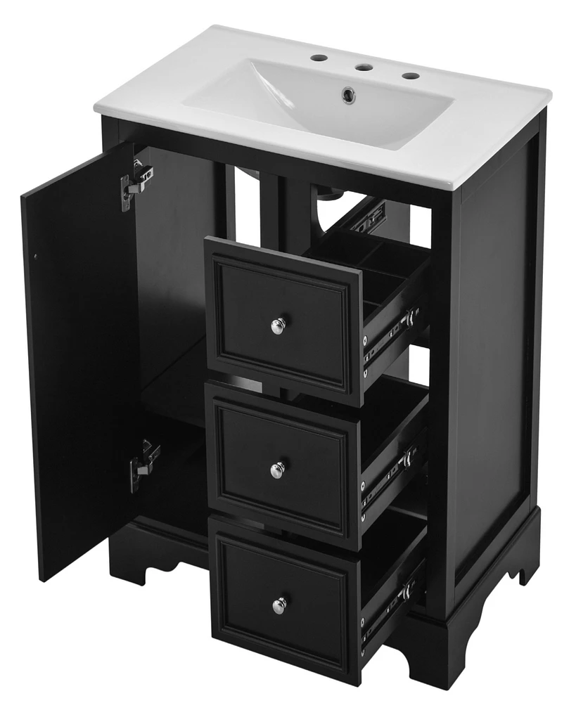30-Inch bathroom vanity cabinet with ceramic basin, 3 drawers and adjustable shelves