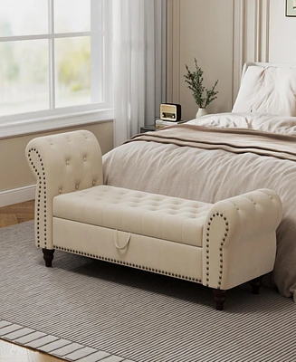 64.5" Bed Bench for Bed Room Nails Tufted Chaise of Lounge with Storage Velvet Upholstery Beige