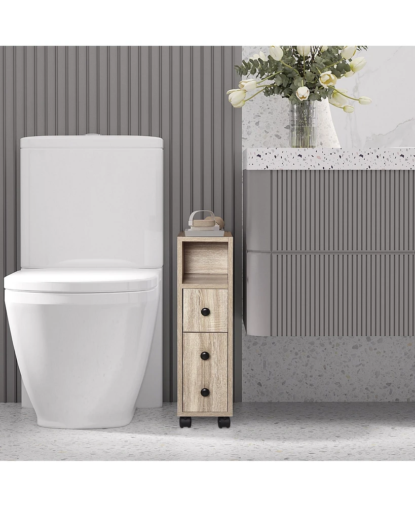 Freestanding Compact Design Bathroom Cabinet with 2 Open Cabinets, 1 Door Cabinet, 1 Drawer and 4 Rolling Wheels, Oak Grain Color
