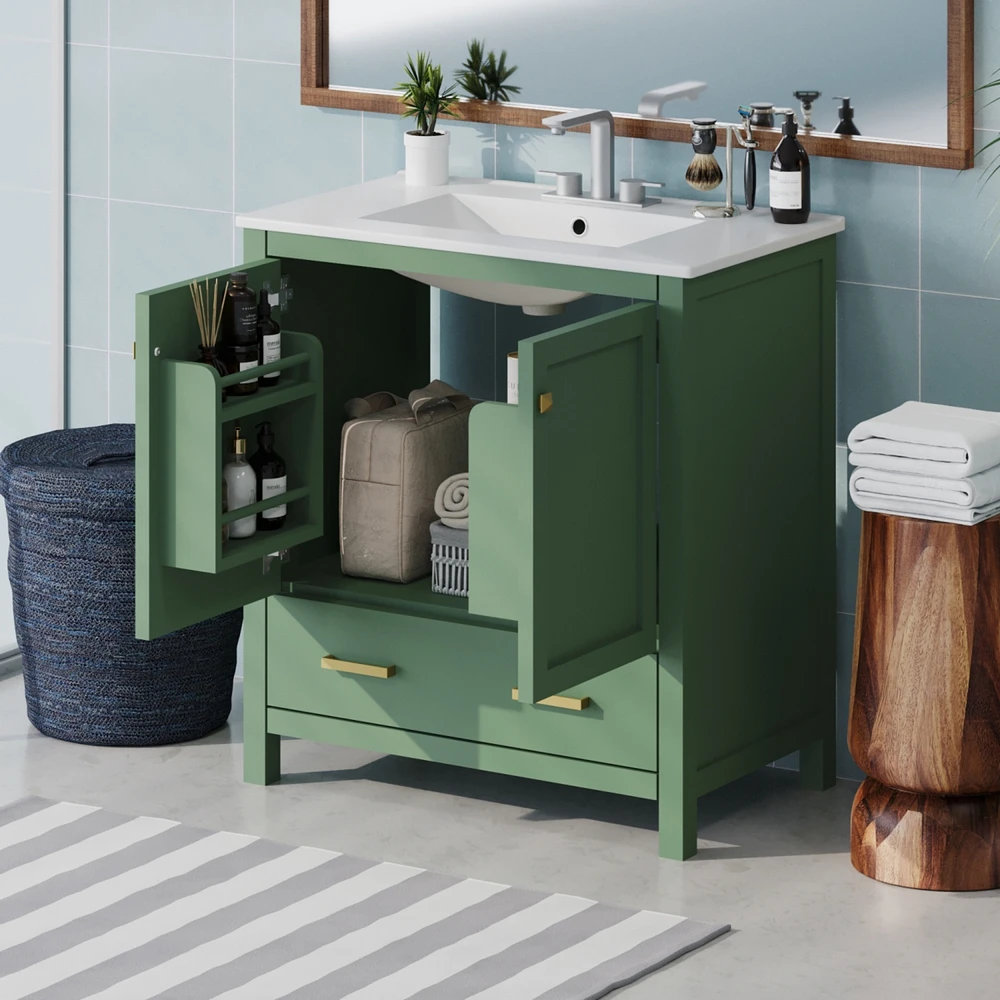 30 Inch Green Bathroom Vanity with Single Sink, Combination Under Counter Sink, Bathroom Storage Cabinet with 2 Doors and a Drawer, Soft Closure, Mult