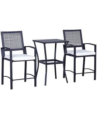 3pcs Patio Bar Set with Soft Cushion, Rattan Wicker Outdoor Furniture Set for Backyards, Lawn, Deck, Poolside
