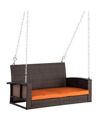 2 Person Wicker Hanging Swing Bench, Front Porch Swing Outdoor Chair with Cushions 550 lbs. Weight Capacity for Backyard, Garden, Orange