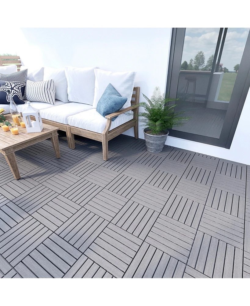 10 Pcs Interlocking Deck Tiles Striped Pattern, 12" x 12" Square Light Gray Acacia Hardwood Outdoor Flooring for Patio, Bancony, Pool Side,.
