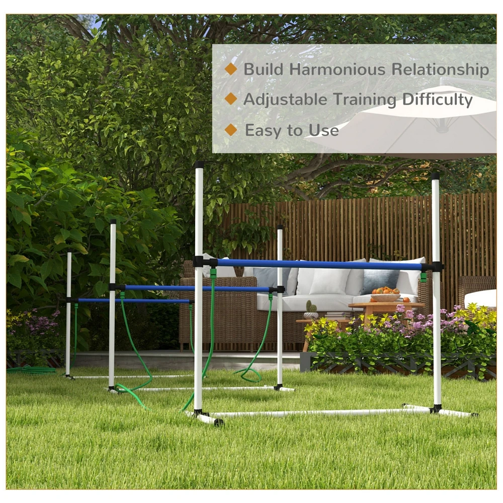 3 Piece Dog Agility Training Equipment Set, Dog Agility Set with Adjustable Height Hurdles, Spray Water Tube, Whistle, Carry Bag, White