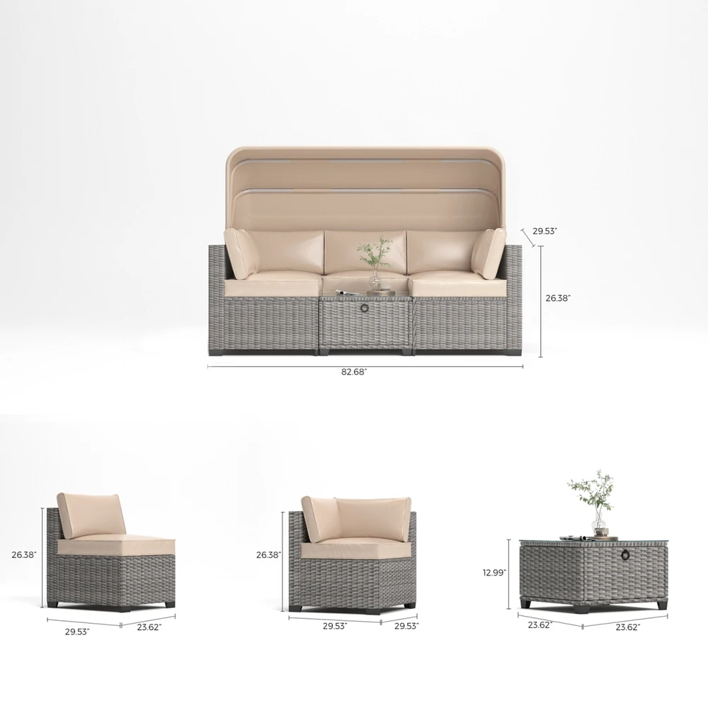 6 Pieces Patio Furniture Sets, Outdoor Rattan Daybed with Retractable Canopy, Outdoor Sectional Sofa Set with Adjustable Backrest, Chaise Chair Sunbed