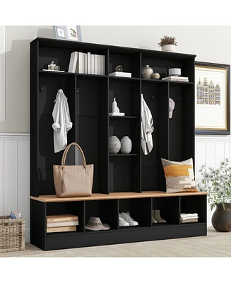 Wide Design Hall Tree with Storage Bench, Minimalist Shoe Cabinet with Cube Storage & Shelves, Multifunctional Coat Rack with 8 Hooks for Entryways, M