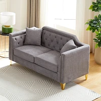 61.5" Mid-century design modern sofa, Chenille Pull Buckle Design Sofa for Living Room, Buttons Tufted With Copper Nail Decoration Armrest, with
