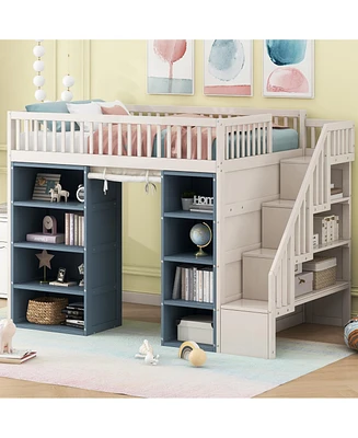 Full Size Loft Bed with 2 Four-layer Storage Cabinets and Curtain, White+Blue(Expected Arrival Time:9.28)