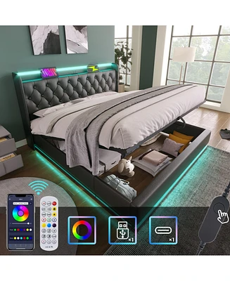 Queen size Upholstered bed, 360 surround Led function, Buttons/Apps/Remote Control, hydraulic storage bed with Usb Type-c charging, Black, Pu (Without