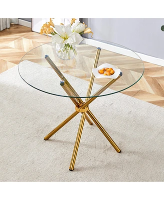 Streamdale Furniture Round clear glass dining table with a unique shape for 4-6 people, with ring-shaped gathered gold metal legs, suitable for desks,