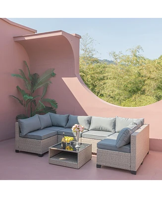7-Piece Patio Furniture Set, All-Weather Boho Outdoor Conversation Set Sectional Sofa with Water Resistant Grey Thick Cushions