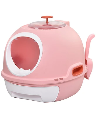 Covered Litter Box, Litter Box with a Lid, Scoop Enclosed Drawer & Skylight for Cats That's Easy to Clean, Pink
